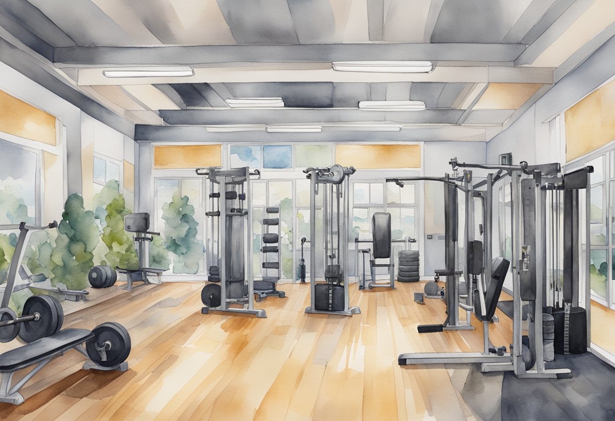 A weightlifting gym with various equipment, including barbells, dumbbells, and weight machines. Mirrors line the walls, and motivational posters hang throughout the space