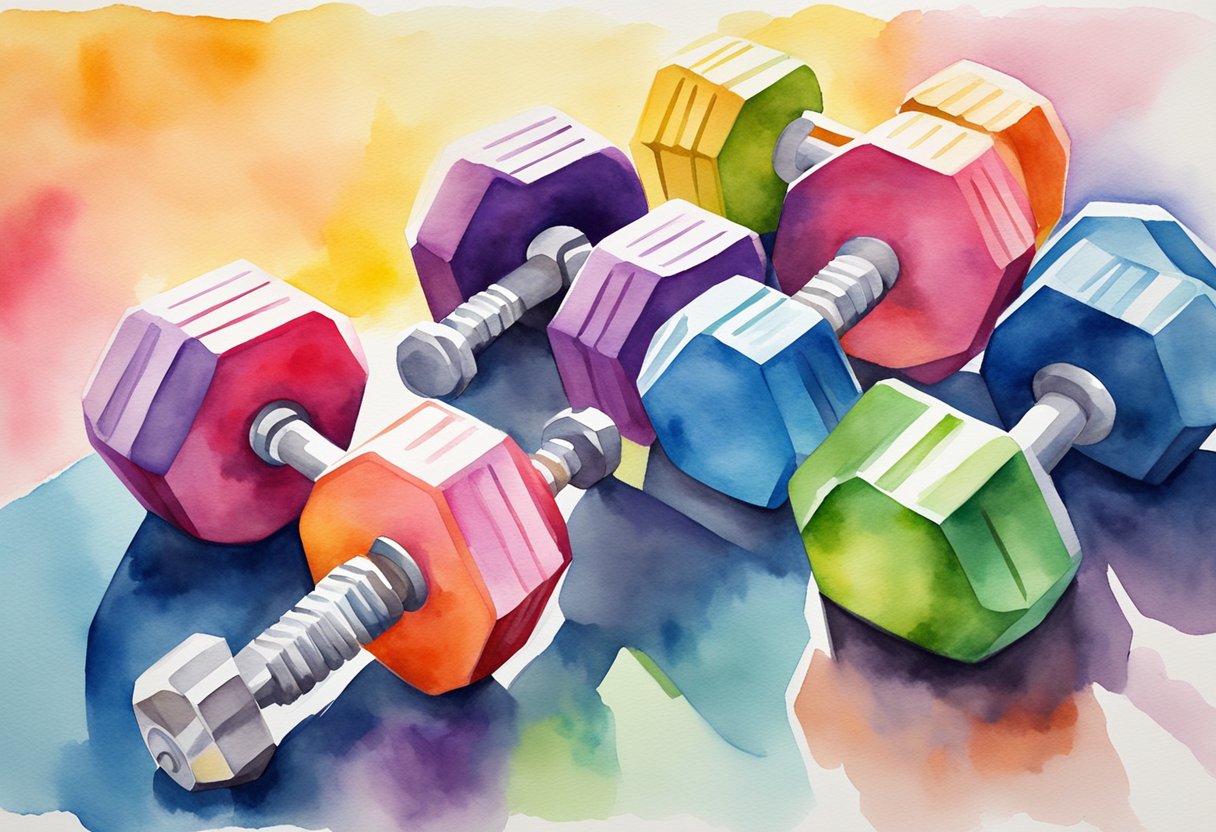 A set of colorful dumbbells of varying weights arranged neatly on a rubber gym mat. A weight bench with a barbell and weight plates nearby