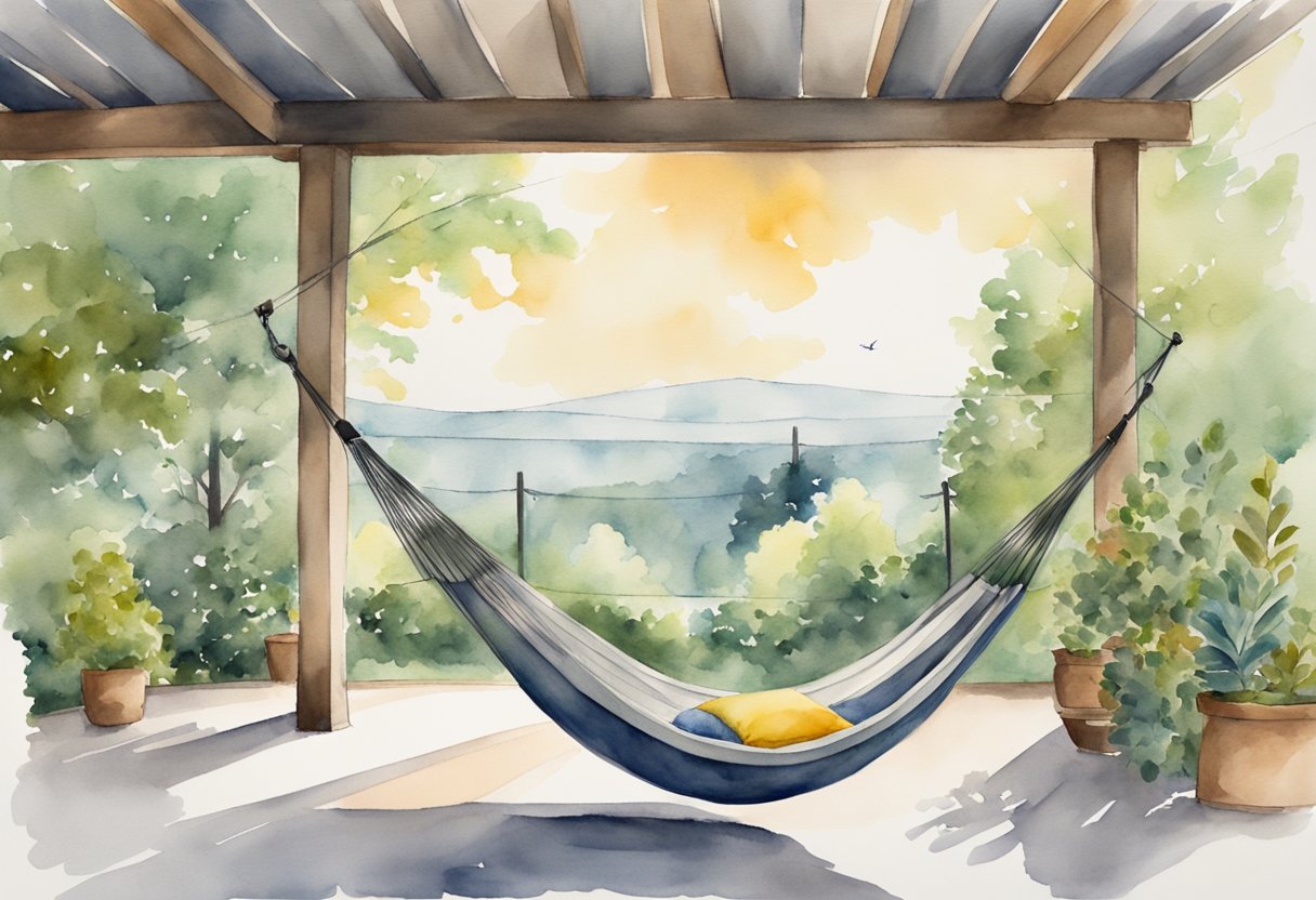 A serene, tranquil setting with a gym in the background, surrounded by nature. A hammock or comfortable resting spot is featured prominently, inviting relaxation and recovery