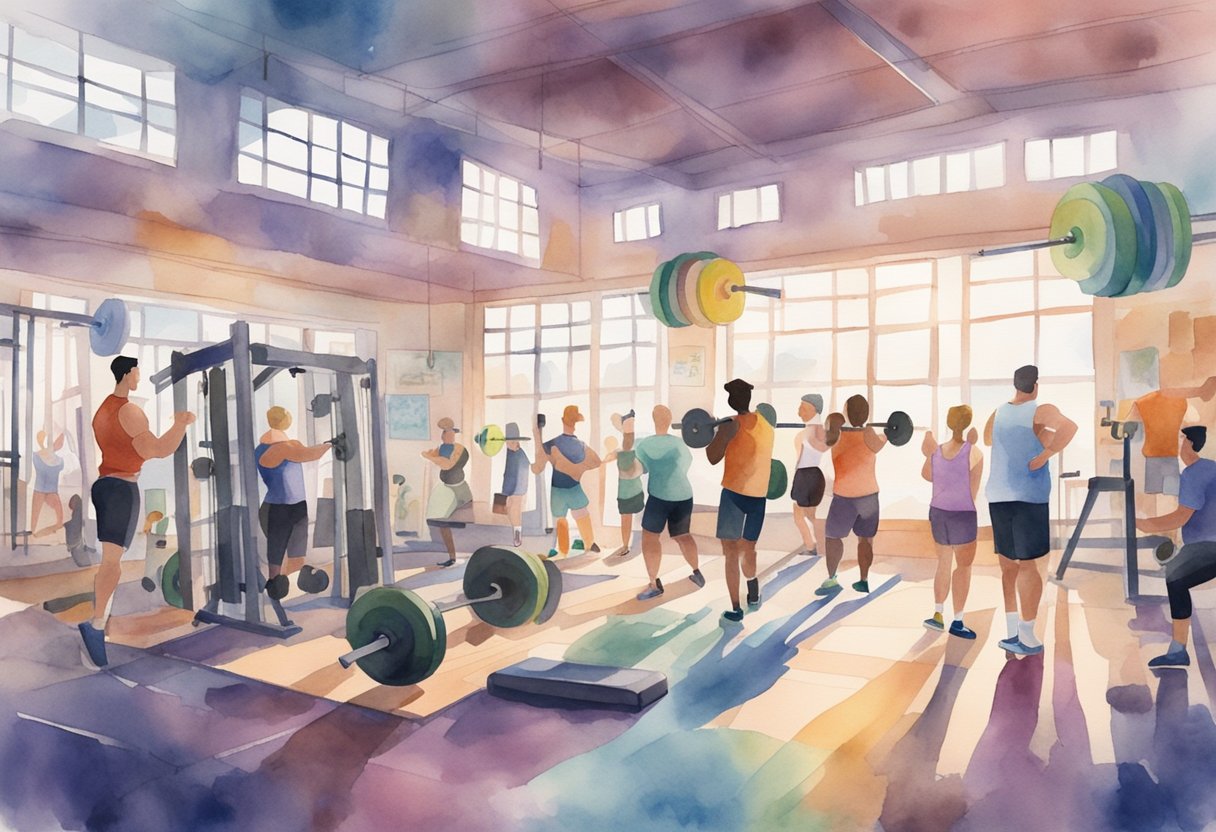 A gym with weightlifting equipment and motivational posters on the walls, surrounded by a diverse group of people working out together