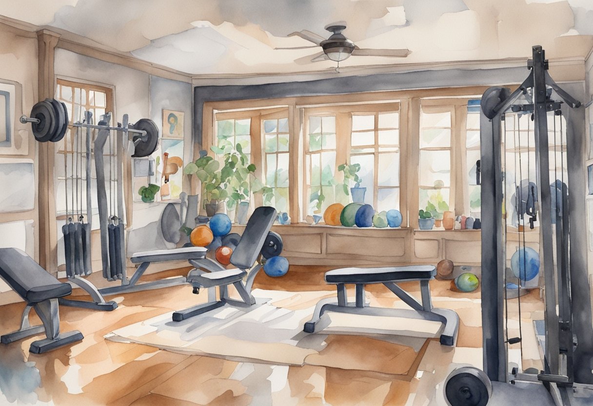 A cluttered home gym with weights, a bench, and exercise equipment. Posters of bodybuilders line the walls, and a motivational quote hangs above the door