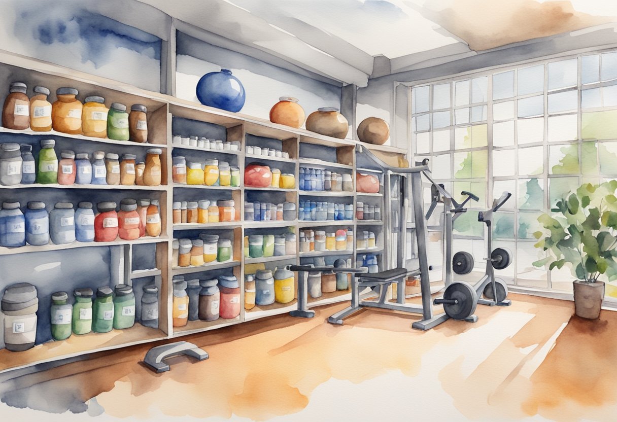 A gym with weightlifting equipment and nutrition supplements displayed on shelves