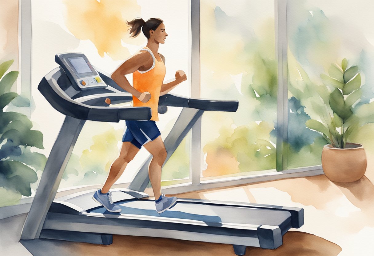 A person lifting weights while jogging on a treadmill in a gym