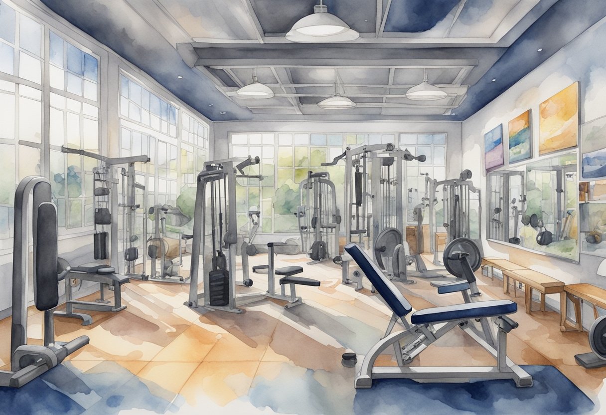 A gym with various weightlifting equipment and machines, surrounded by motivational posters and mirrors