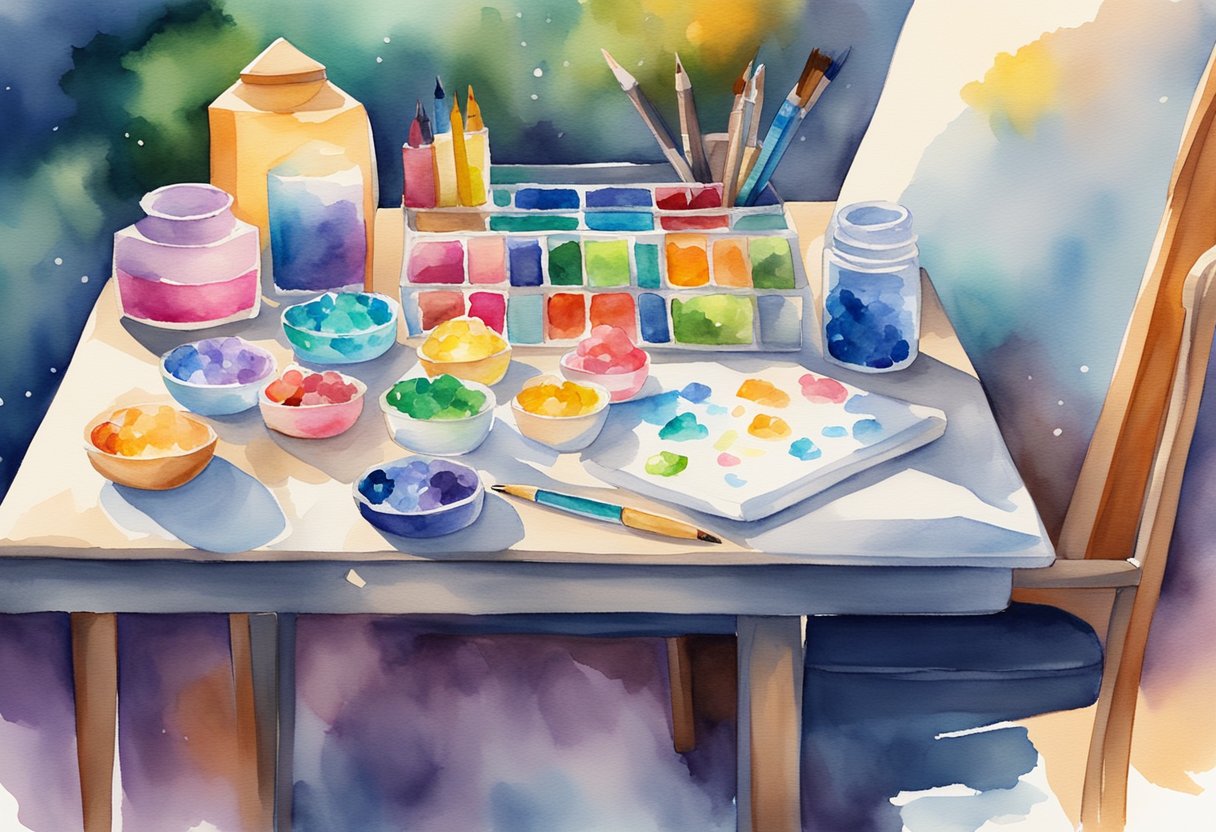 A table with diamond painting supplies: colorful gems, adhesive canvas, tray, pen tool, and wax. A cozy chair and good lighting