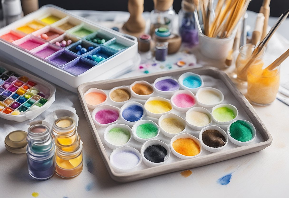 A table with diamond painting supplies: canvas, colorful beads, tray, pen, and wax. A guidebook open to a page on cleaning and maintenance