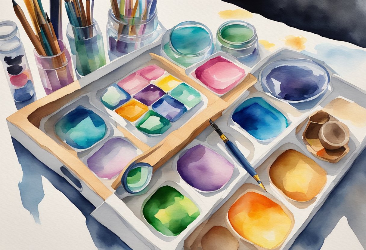 A table with diamond painting tools and materials: canvas, colorful resin diamonds, tray, pen tool, wax pad, and storage containers