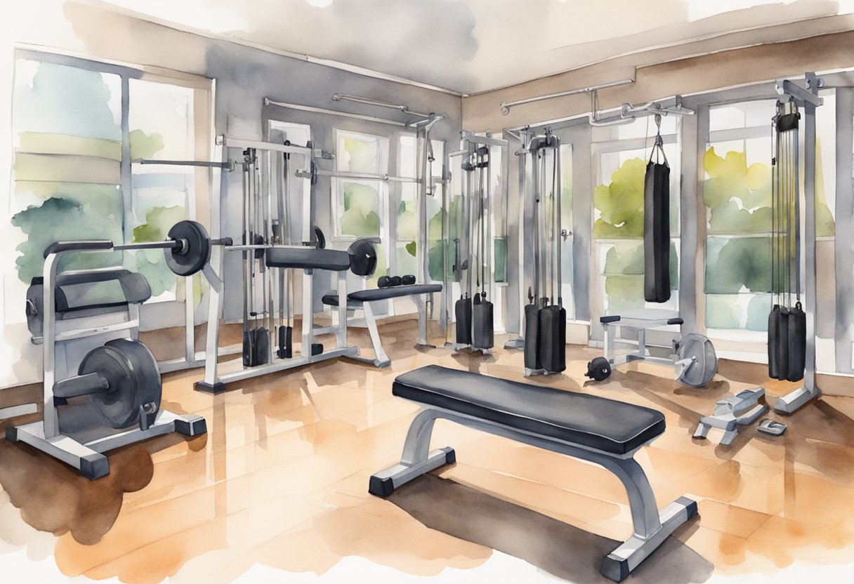 A weight training room with various exercise equipment and accessories neatly organized, with a beginner's guide book open on a bench