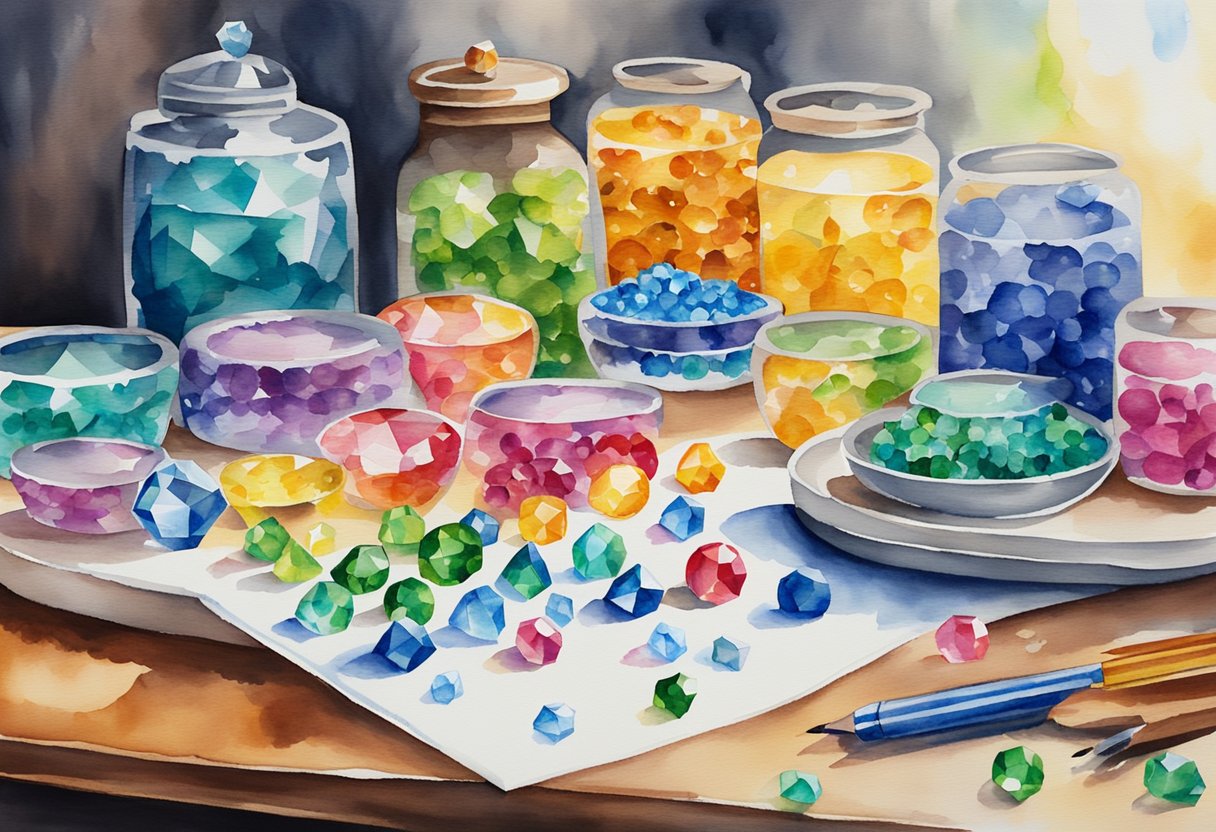 A table with a diamond painting kit, colorful gems, and a stylus. A completed diamond painting hangs on the wall