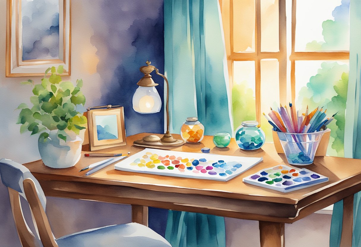 A table with a diamond painting kit, trays of colorful gems, and a pen tool. A comfortable chair and good lighting complete the cozy workspace