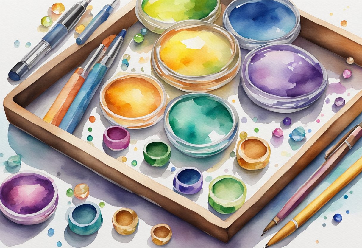 A table with various diamond painting supplies scattered around, including a canvas, colorful diamond beads, a tray, and a pen tool