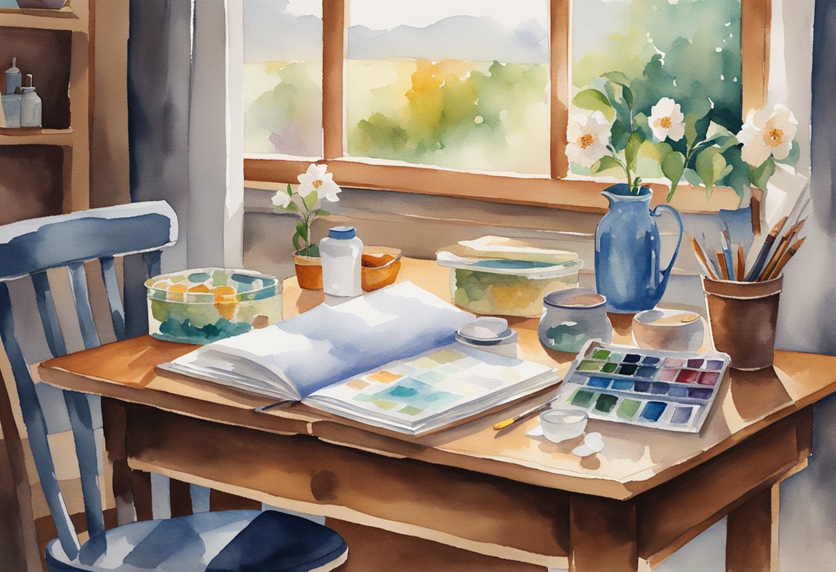 A table with diamond painting supplies, a completed canvas, and a guidebook open to advanced techniques. A cozy chair and good lighting complete the inviting scene