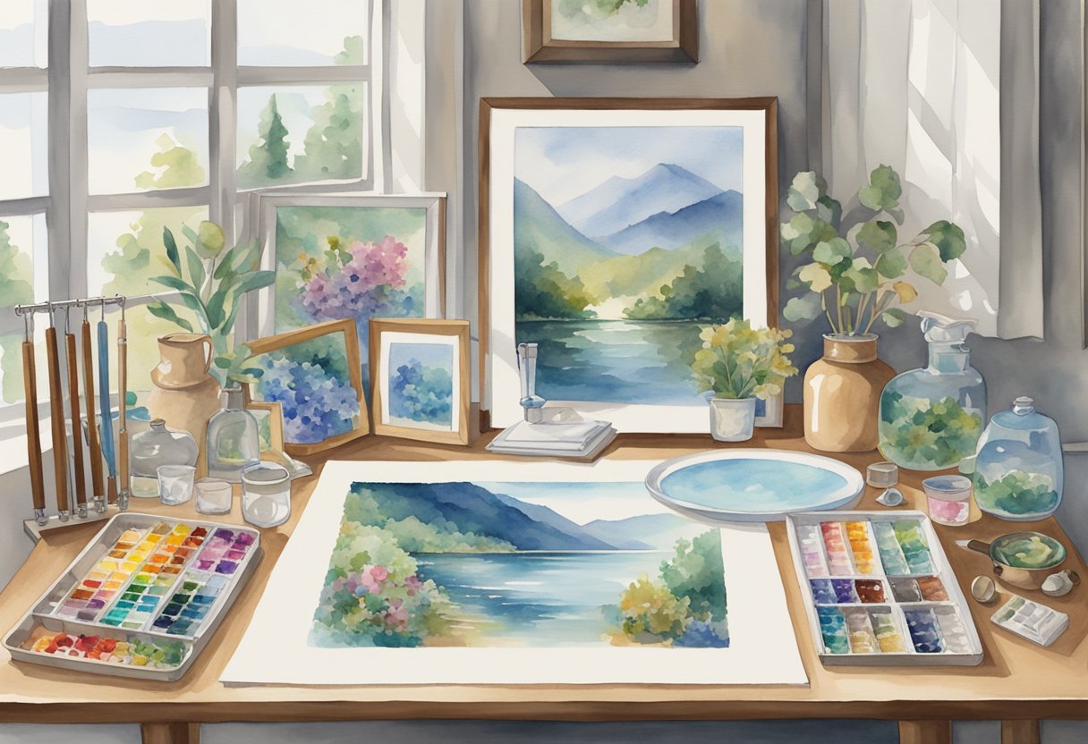 A table with a completed diamond painting, surrounded by various display options such as frames, easels, and hanging hardware