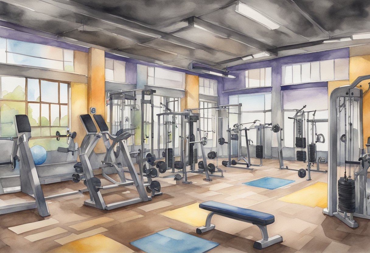 A weight training gym with various equipment, posters displaying workout routines, and a bulletin board with beginner's guide information