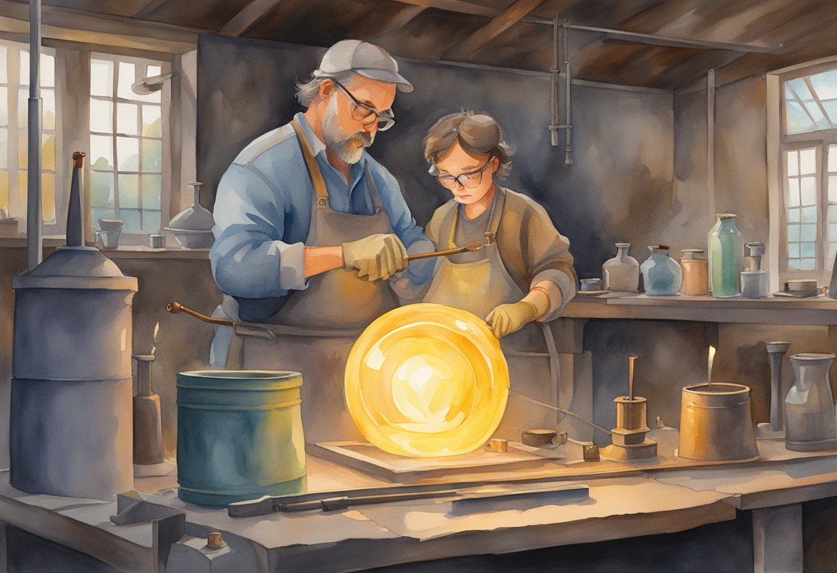 A glassblower carefully shapes molten glass on a metal rod, surrounded by tools and a glowing furnace in a workshop