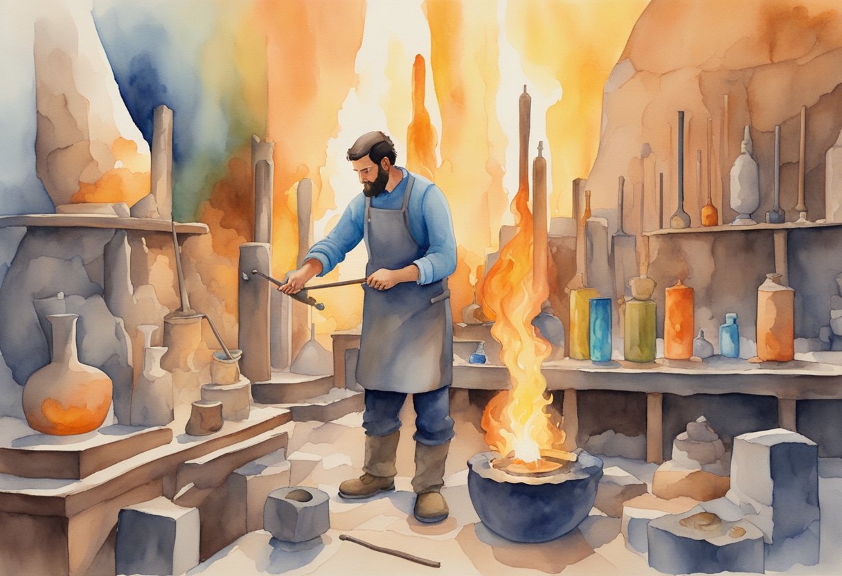 A glassblower shaping molten glass on a rod in front of a fiery furnace, surrounded by various tools and colorful glass pieces