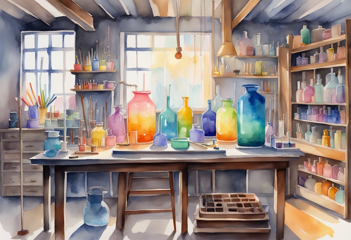 A glassblower's studio with a glowing furnace, tools on a workbench, and shelves of colorful glass rods and finished pieces