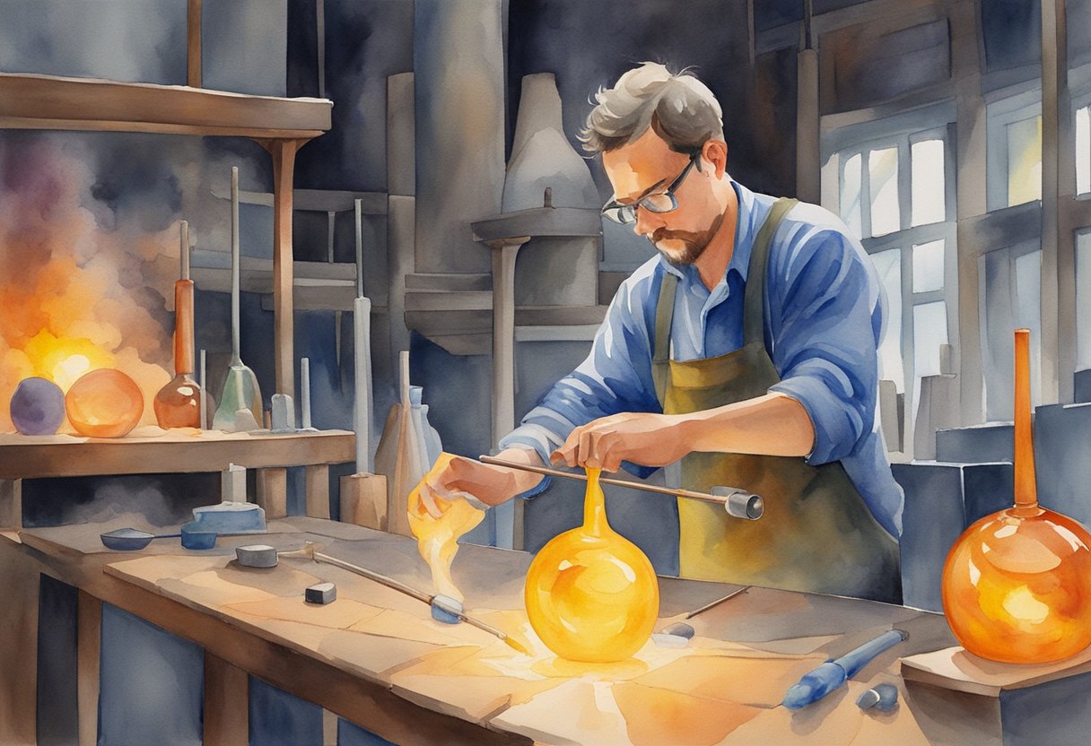 A glassblower carefully shapes molten glass on the end of a long metal rod, surrounded by a variety of colorful glass blowing tools and a hot furnace