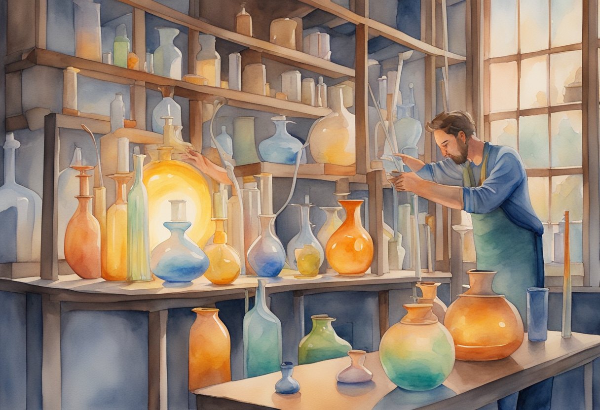 A glassblower carefully shapes molten glass into a delicate vase, surrounded by glowing furnaces and shelves of colorful glass rods and tools