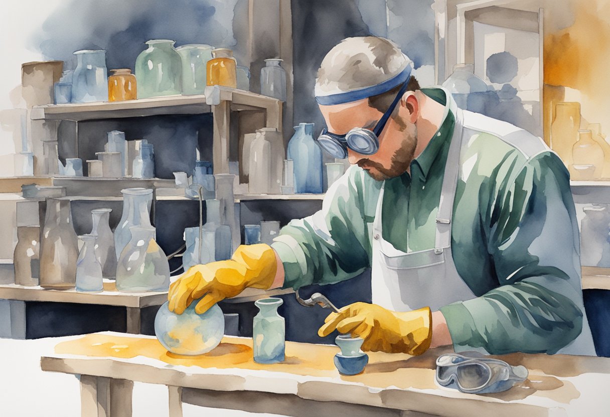 A glass blower carefully shapes molten glass into a delicate vase, surrounded by safety goggles, gloves, and a well-ventilated workspace