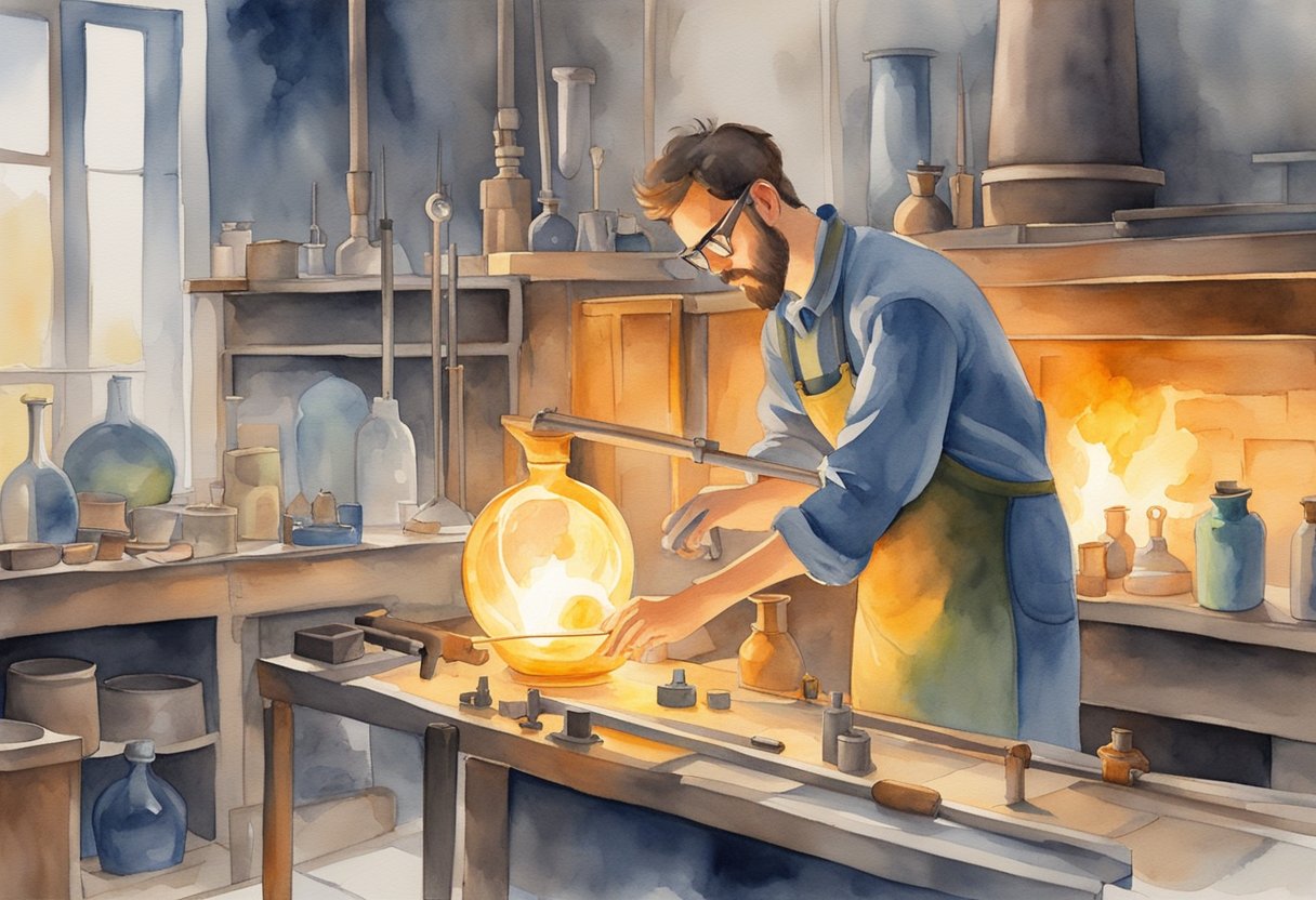 A glassblower shaping molten glass on a rod in a glowing furnace, surrounded by various tools and molds on a workbench