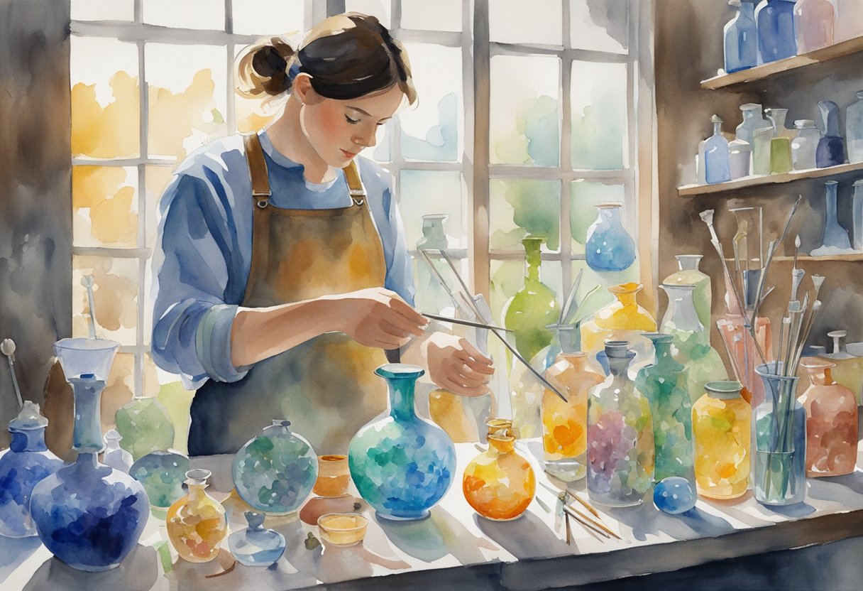 A glassblower carefully adds intricate details to a delicate vase, surrounded by an array of colorful glass pieces and tools on a well-lit workbench