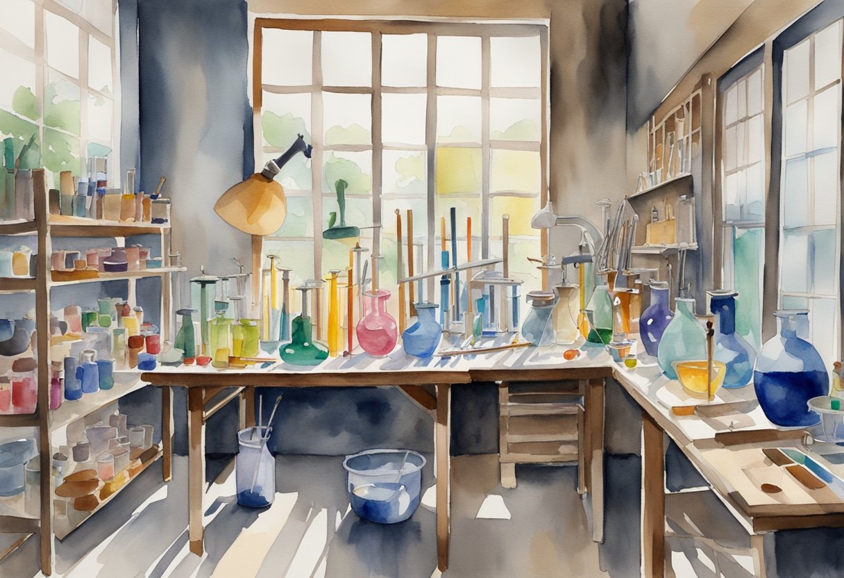 A well-lit studio with a sturdy workbench, glass blowing tools neatly organized, and a colorful array of glass rods and pipes