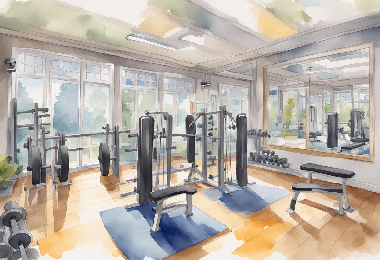 A weight training room with various exercise equipment, including dumbbells, barbells, and weight benches. Mirrors line the walls, and motivational posters hang overhead