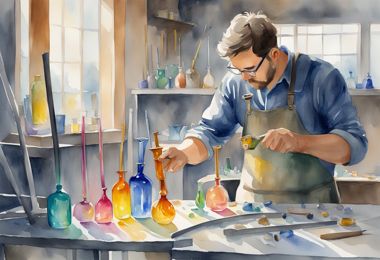 A glass blower carefully shapes molten glass with precision tools in a well-lit studio filled with colorful glass rods and delicate finished pieces