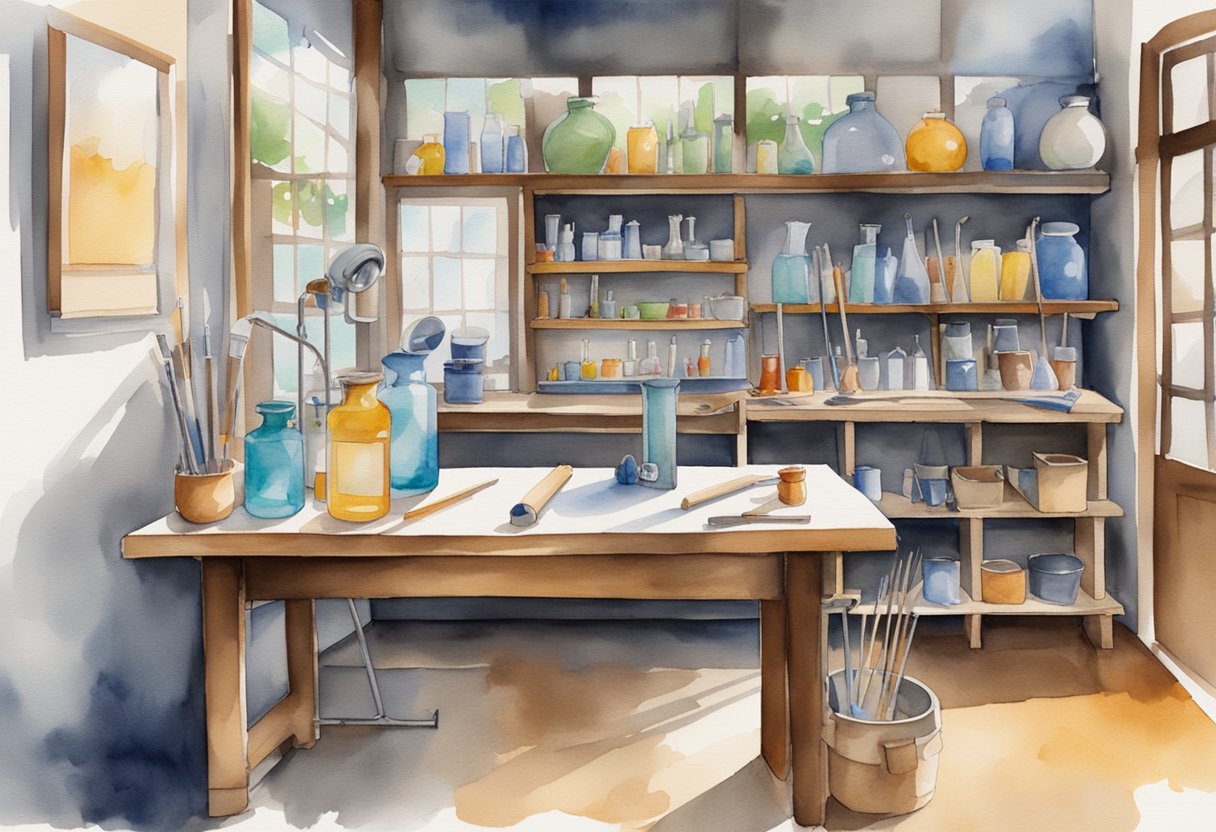 A glass blowing studio with a workbench, tools, and safety equipment. A bookshelf filled with instructional guides and a poster illustrating the step-by-step process