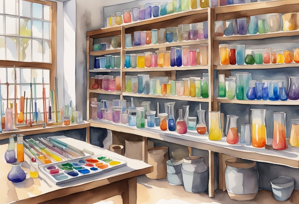 A glass blowing studio with a workbench, tools, and a variety of colorful glass rods and tubes neatly organized on shelves. A beginner's guide book sits open on the table