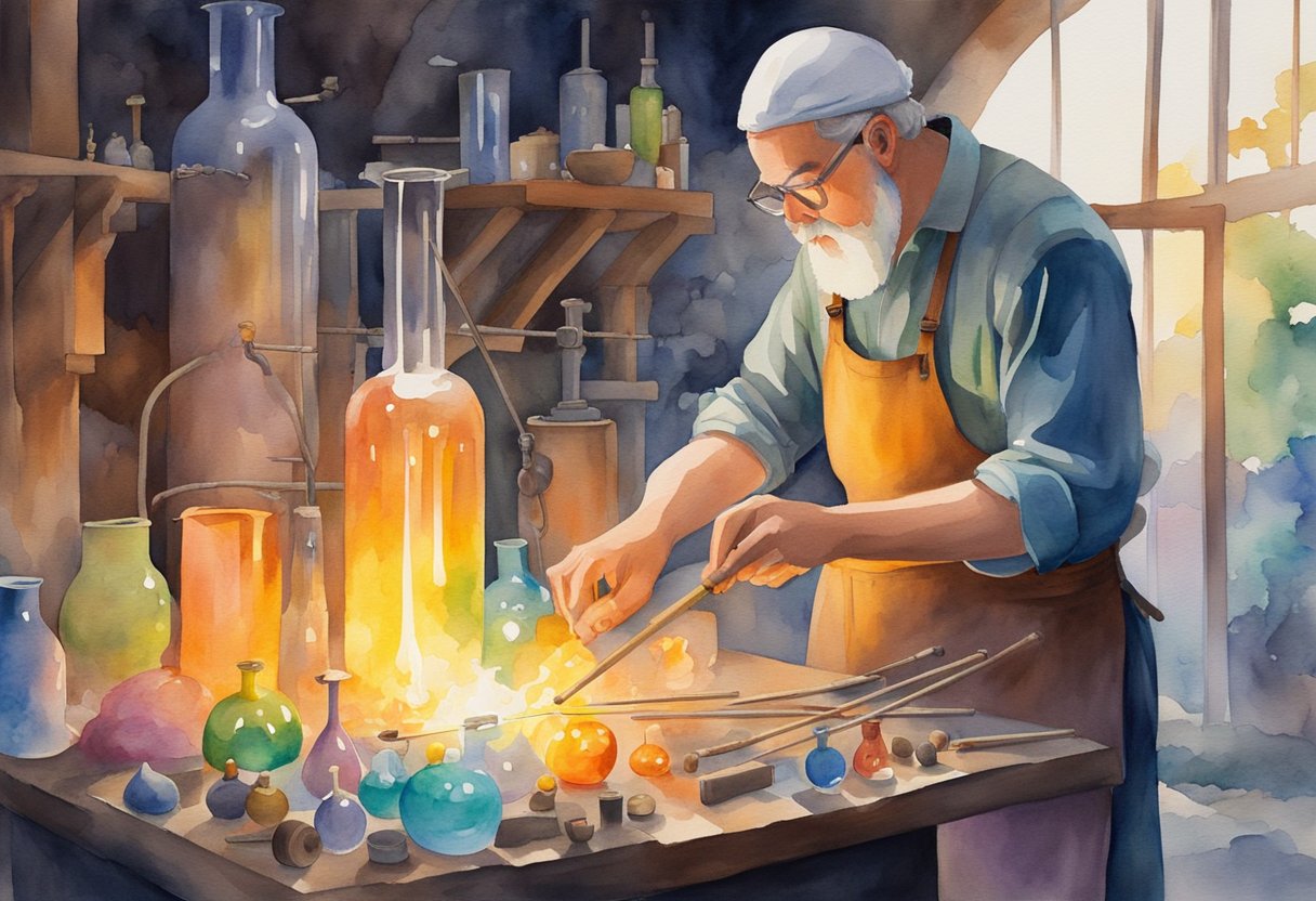 A glass blower carefully shapes molten glass with a blowpipe, surrounded by a variety of colorful glass rods, tools, and a glowing furnace