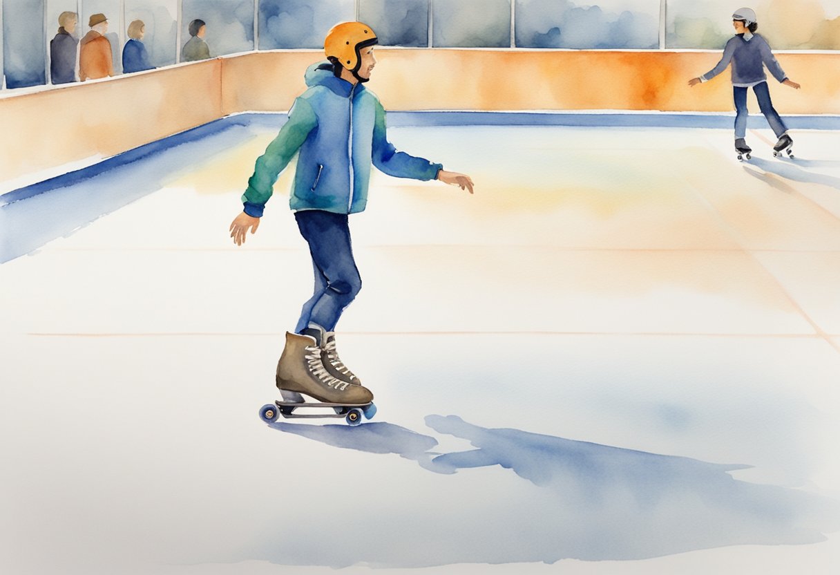 A person roller skating confidently, demonstrating various stopping methods on a smooth, empty rink under the guidance of an instructor