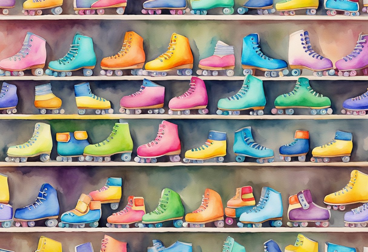 A colorful array of roller skates displayed on a shelf, with various styles and sizes to choose from