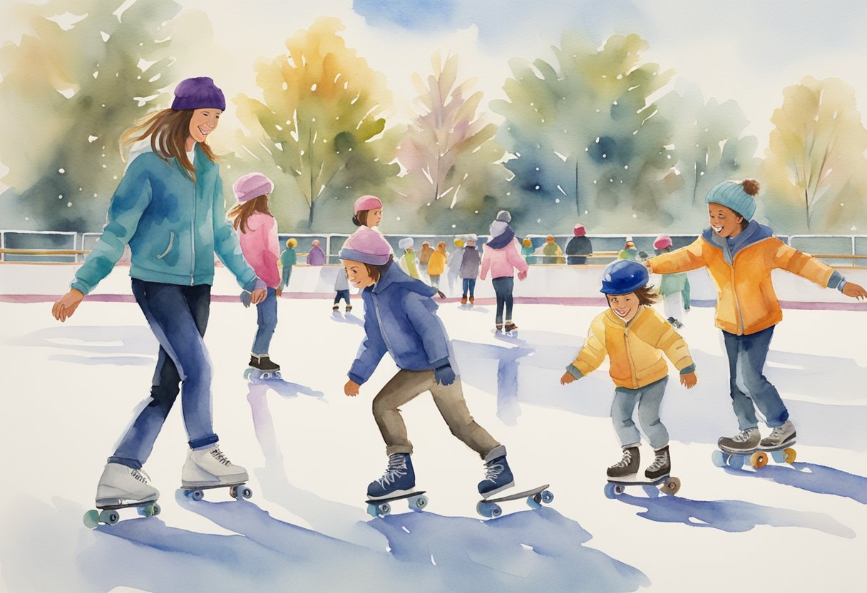 A sunny park with a smooth, winding path, surrounded by lush greenery and colorful flowers. A group of beginners gracefully gliding on roller skates, with smiles on their faces