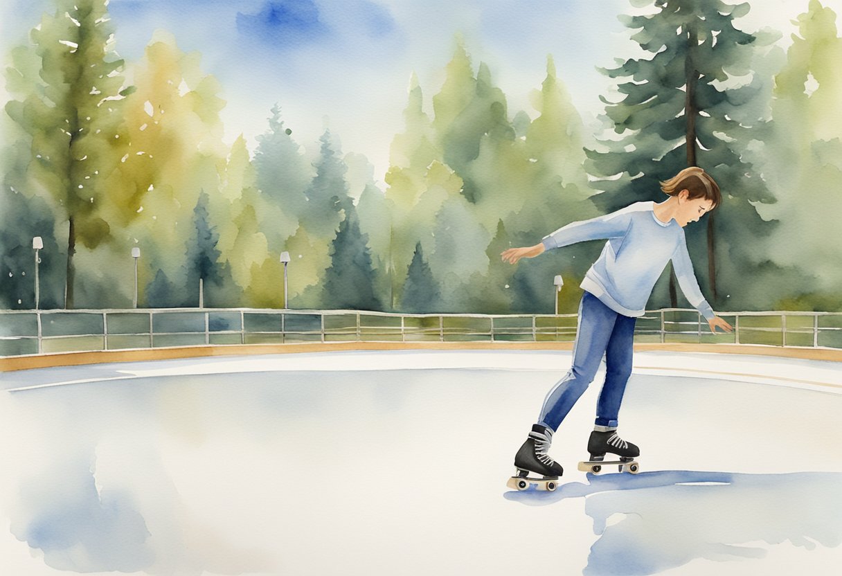 A beginner skater practices basic techniques on a smooth, outdoor roller rink surrounded by trees and a clear blue sky