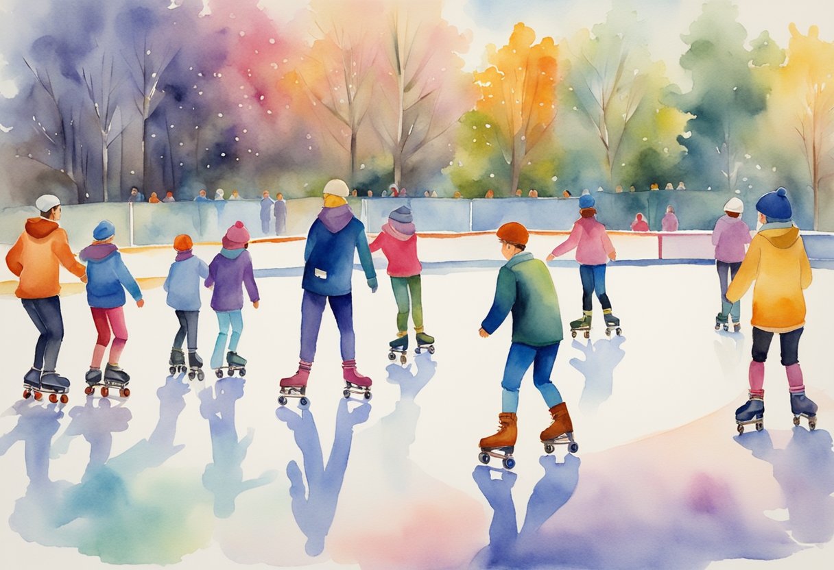 A group of beginners practicing roller skating in a colorful outdoor rink, surrounded by supportive onlookers and instructors offering guidance