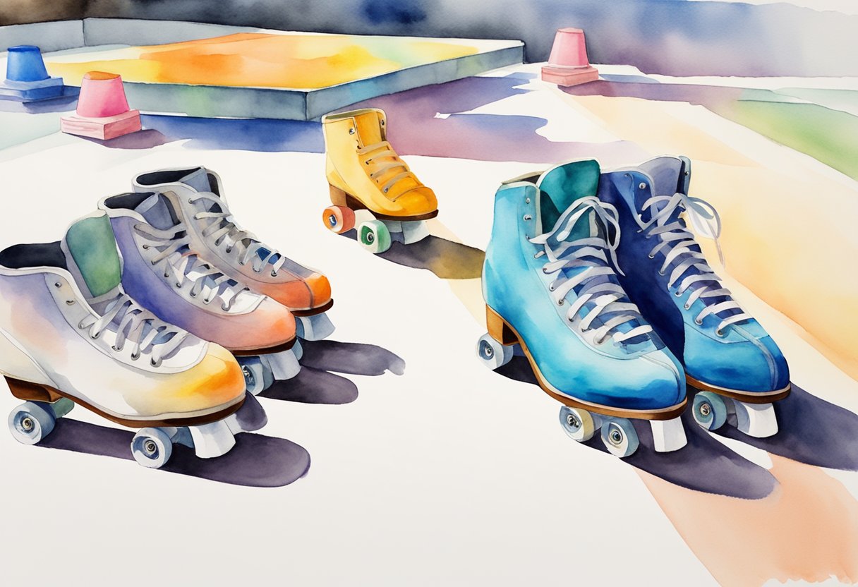 A sunny outdoor roller skating rink with colorful cones, a beginner's guide book, and a pair of roller skates