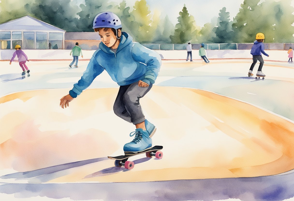 A beginner skater trying out different practice venues, such as a smooth outdoor path or an indoor roller rink, with various obstacles and signage around