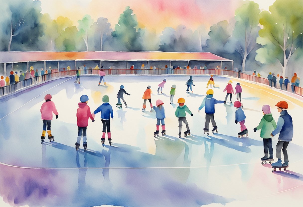 A colorful roller skating rink with beginners receiving professional tips and lessons from instructors