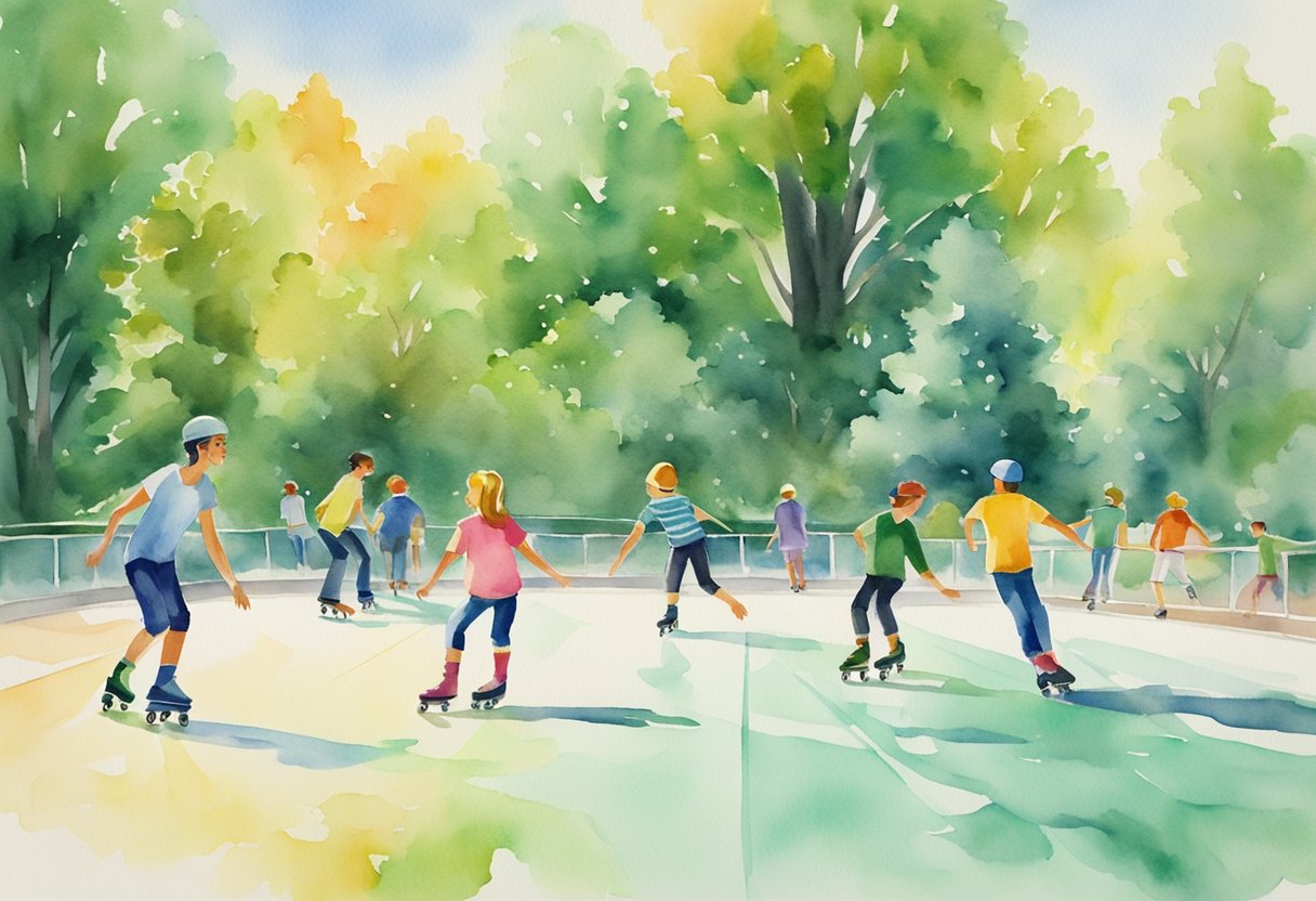 A sunny outdoor roller skating rink with colorful wheels gliding smoothly over the smooth surface, surrounded by vibrant green trees and happy skaters