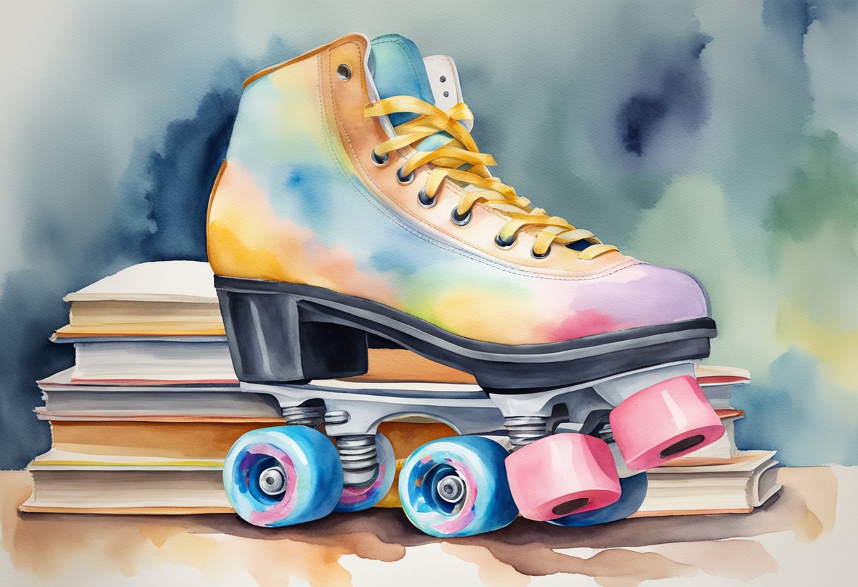 A colorful roller skate surrounded by beginner's guide books and a list of frequently asked questions