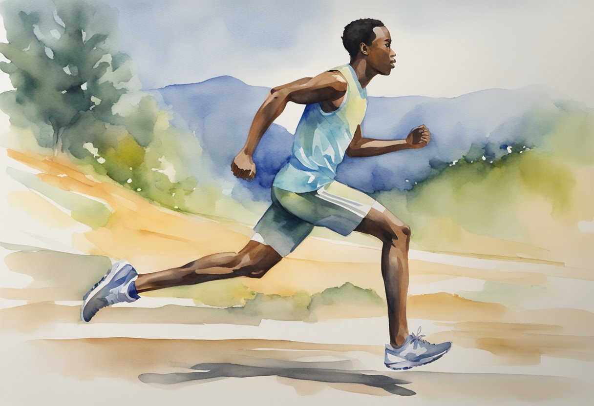 A runner in proper form, mid-stride, with arms at 90-degree angles, head up, and feet landing directly beneath the body