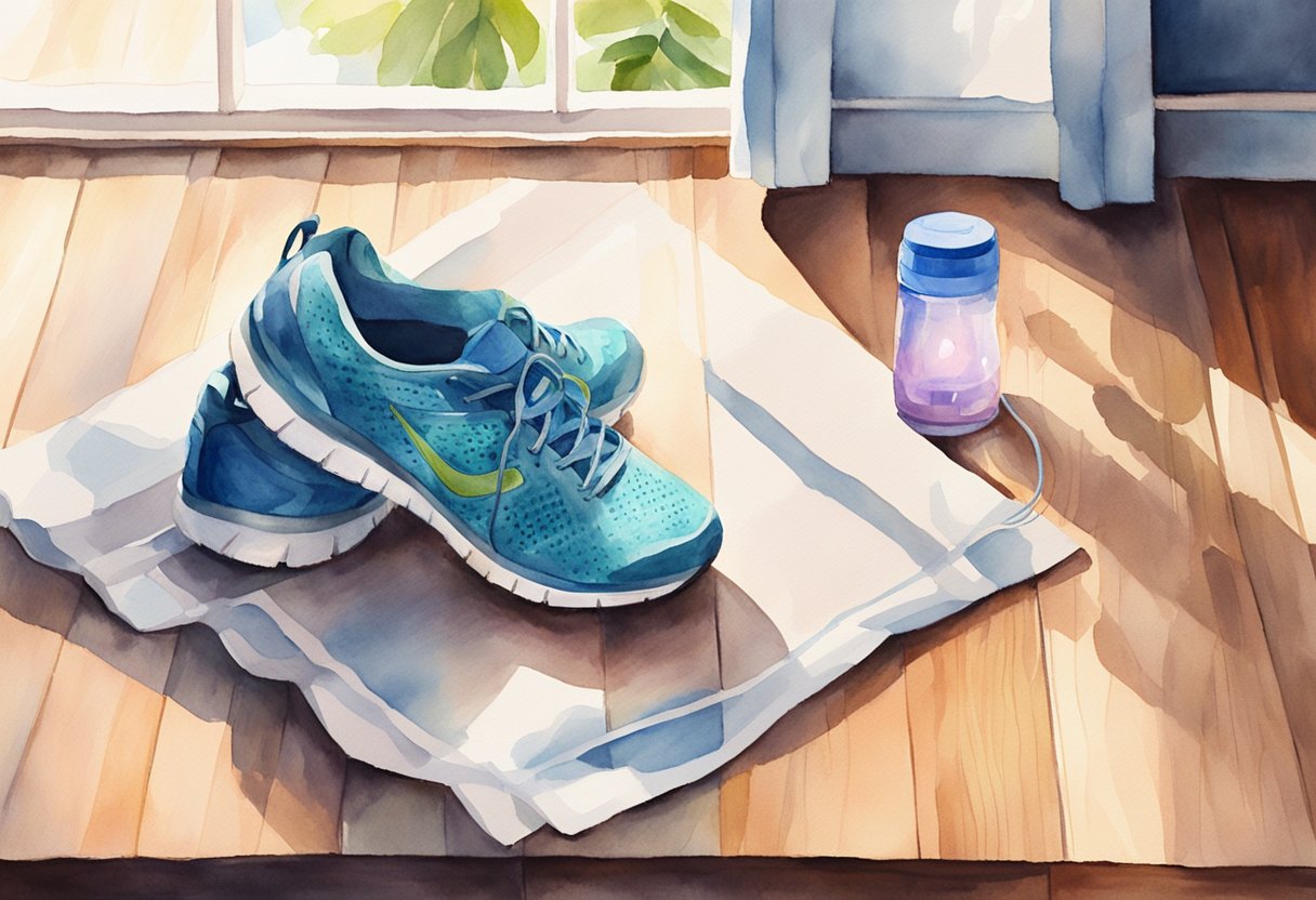 A pair of running shoes, a water bottle, and a fitness tracker laid out on a wooden floor next to a window with morning sunlight streaming in