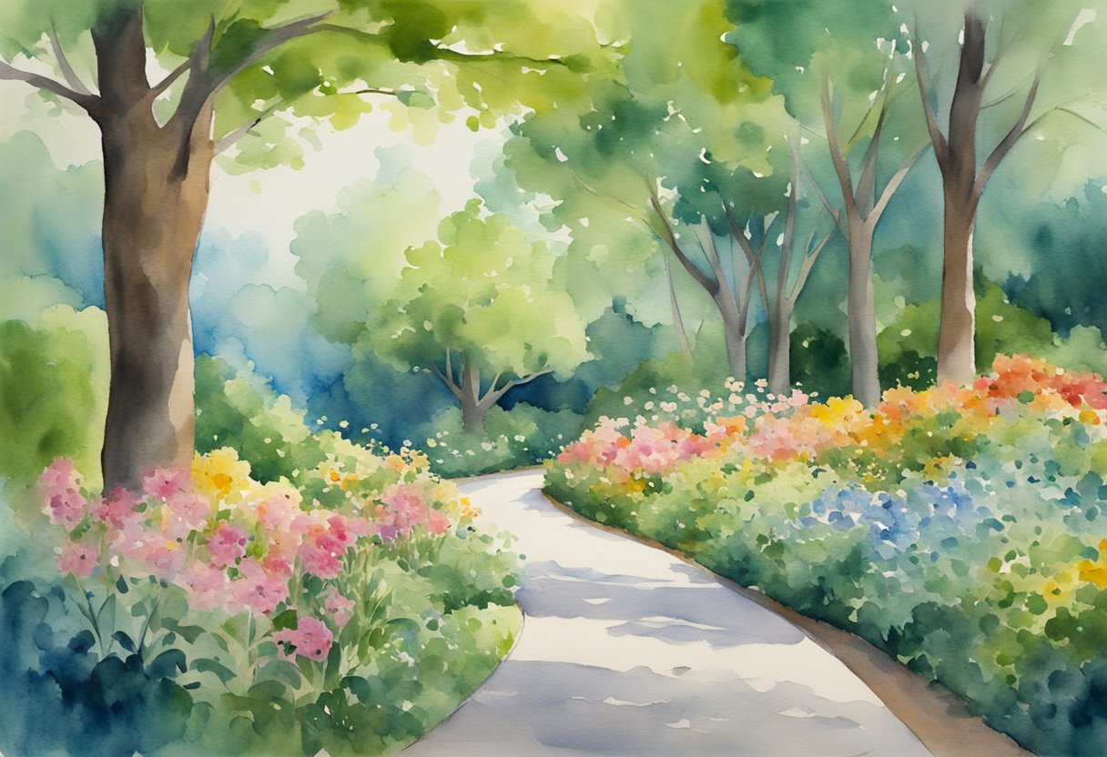 A serene park with a winding trail, surrounded by lush green trees and colorful flowers, with a clear blue sky above