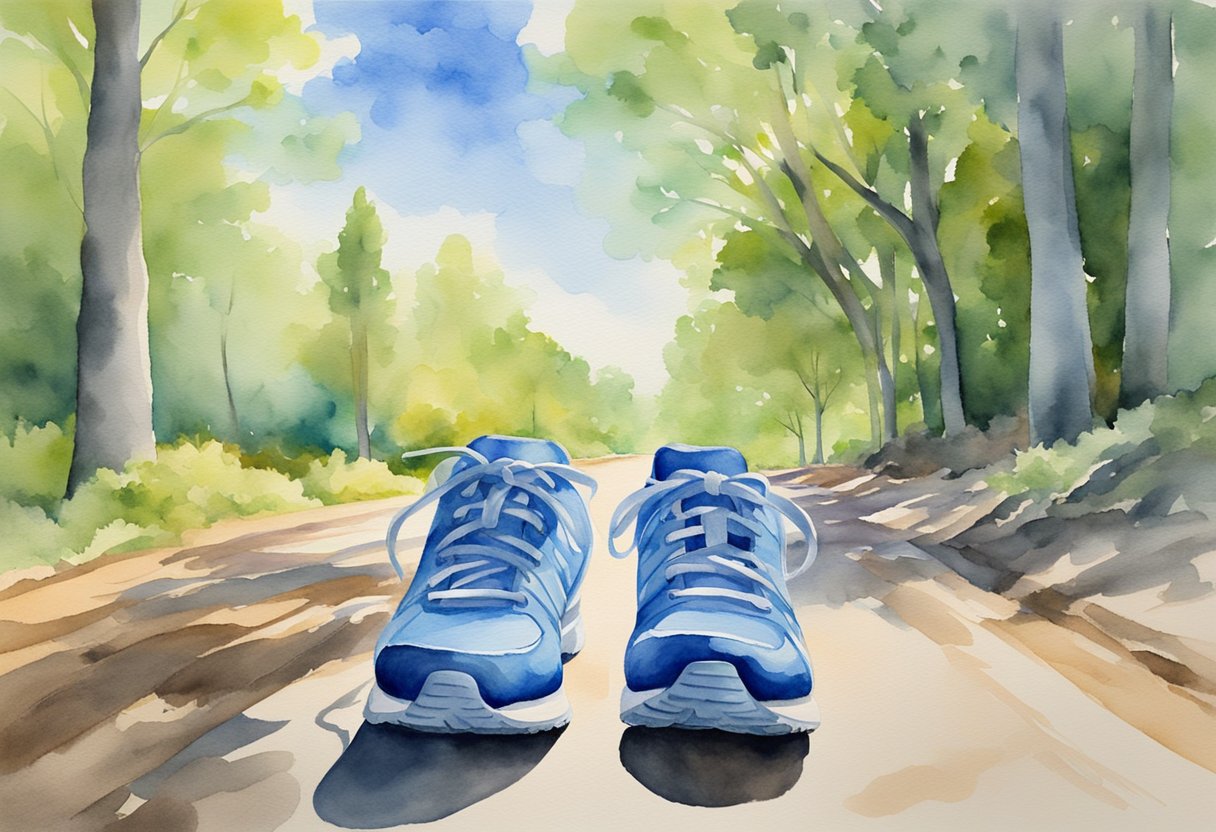 A pair of running shoes on a path surrounded by trees and a bright blue sky