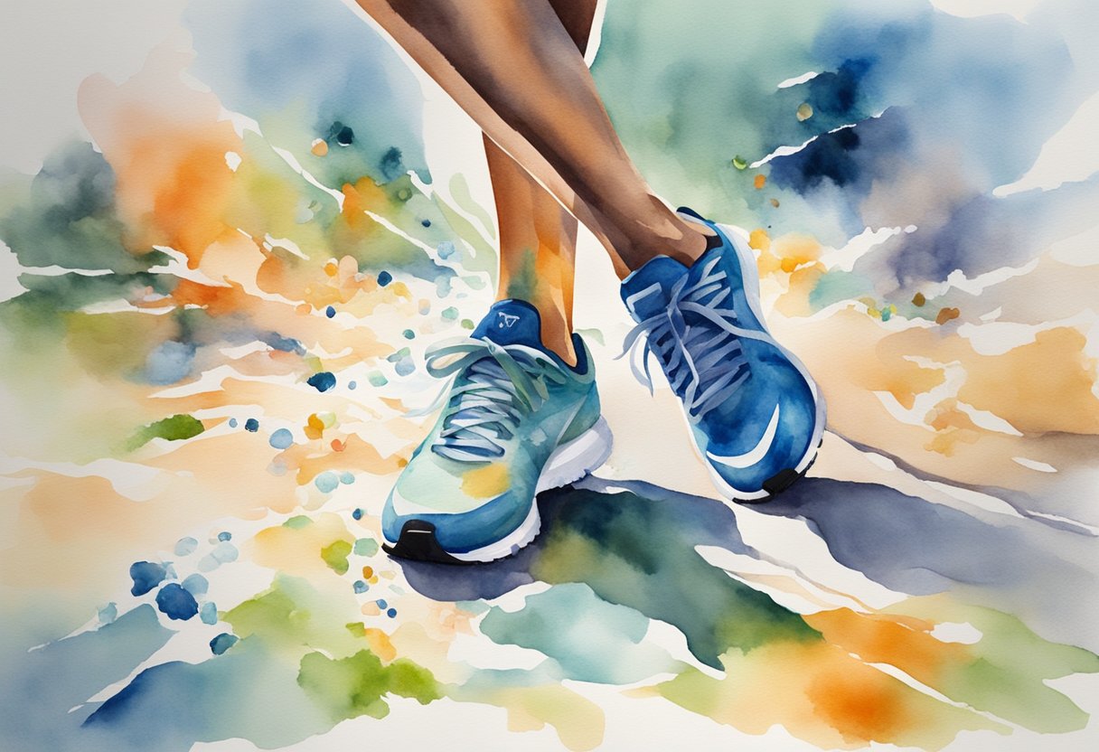 A runner's foot hitting the ground, surrounded by stretching exercises, ice packs, and running shoes