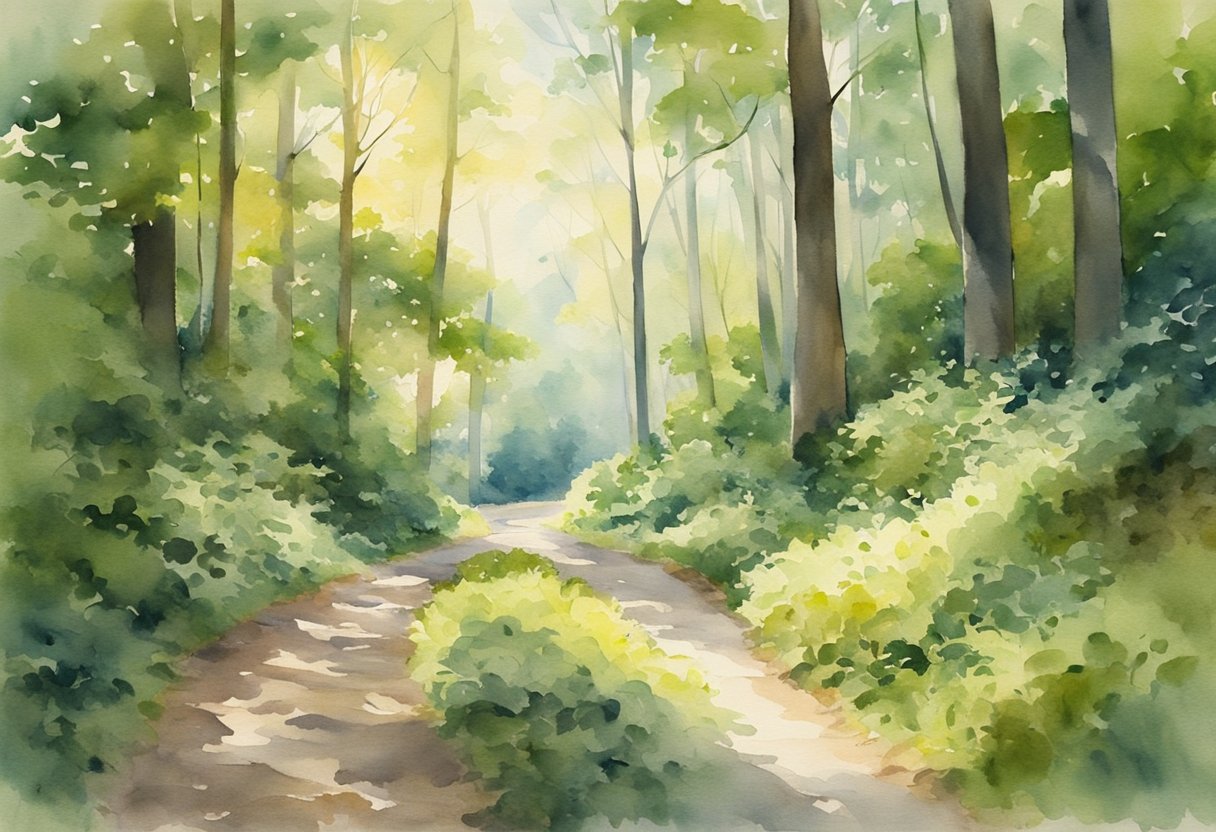 A scenic trail winds through a lush forest, with sunlight filtering through the trees. A runner is seen in the distance, enjoying the peaceful surroundings