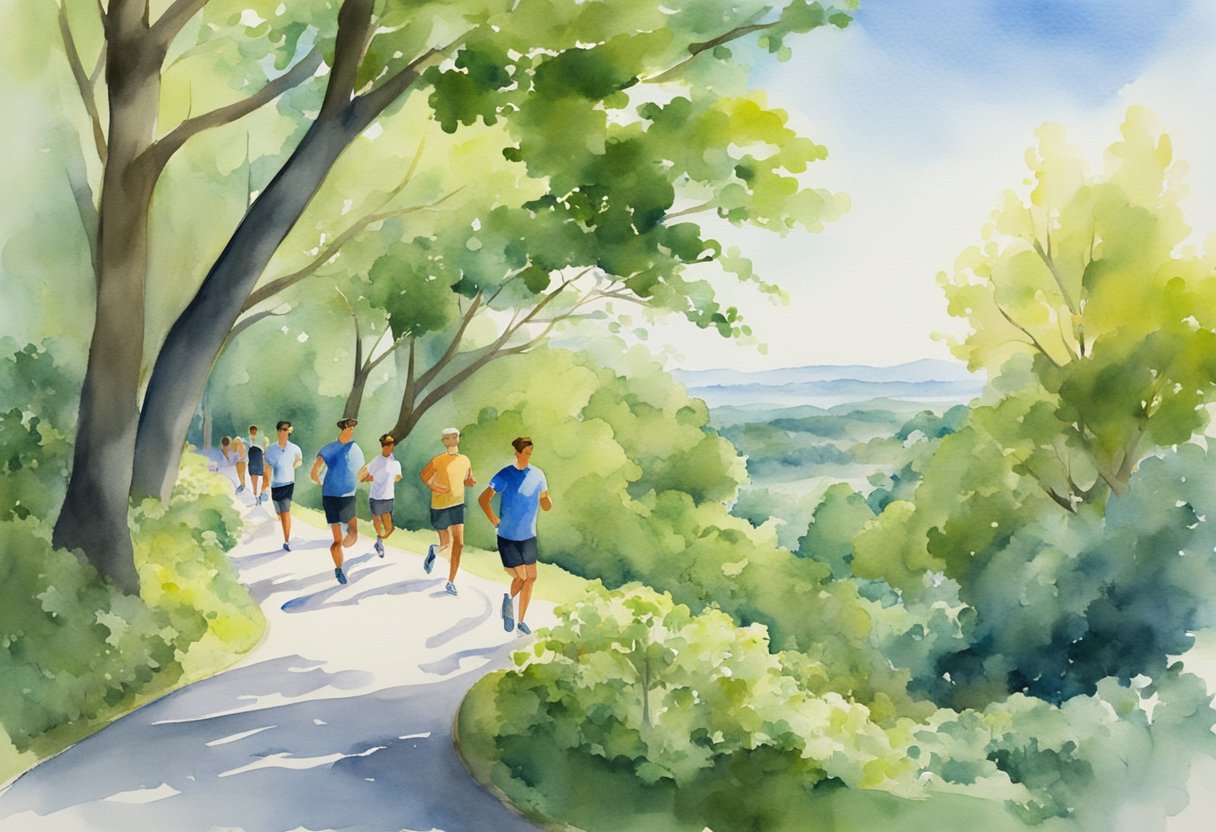 A scenic park with a winding trail, lush greenery, and a clear blue sky. A group of runners of different ages and abilities are seen enjoying the activity