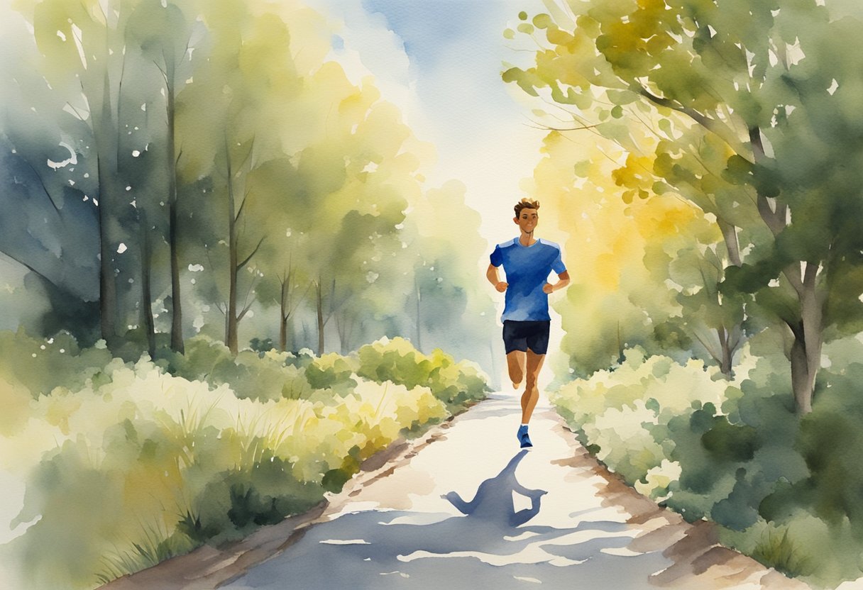 A runner on a path, surrounded by trees, with a clear sky and the sun shining, showing a sense of determination and progress